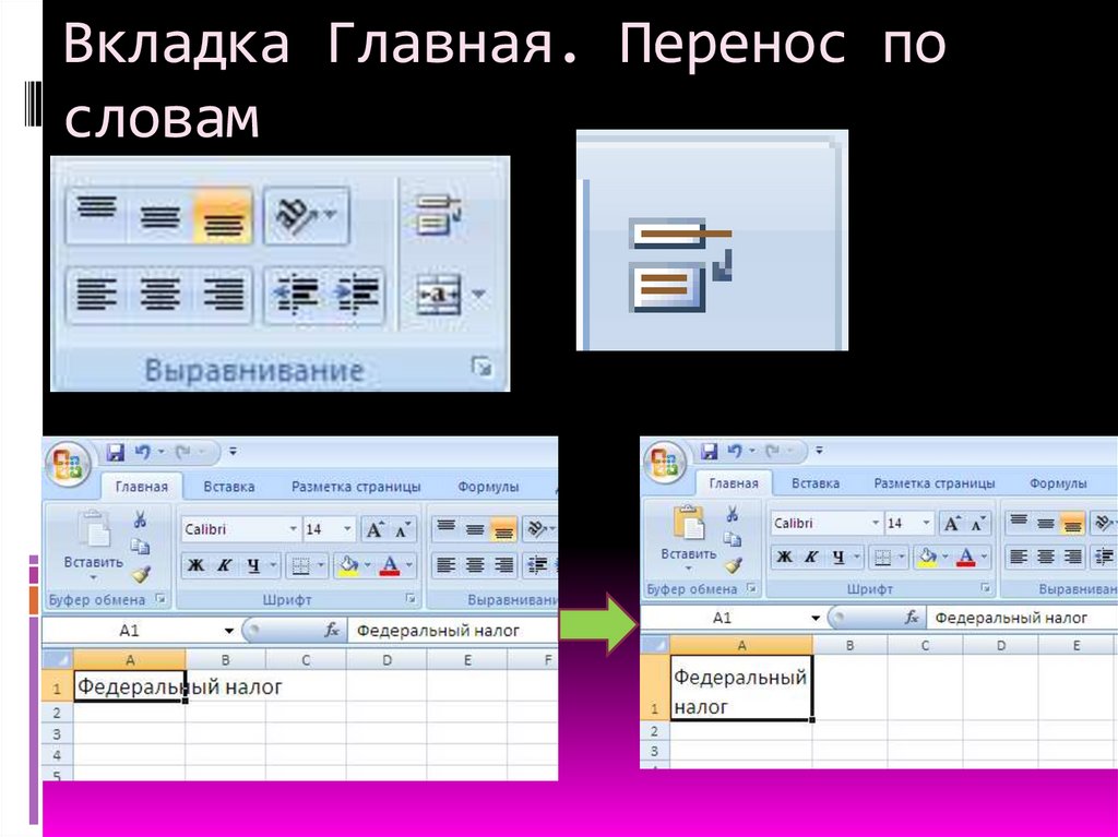 Вкладка Главная. Перенос по словам