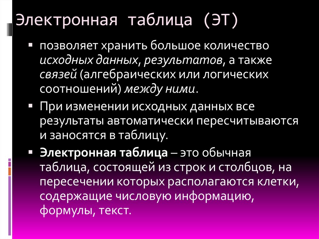 Электронная таблица (ЭТ)