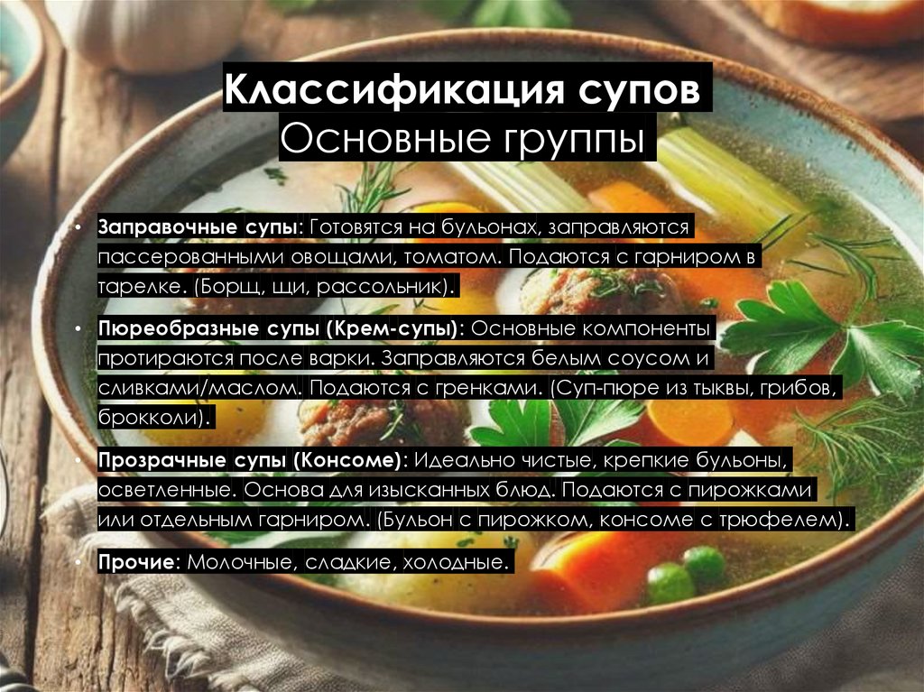 Классификация супов Основные группы