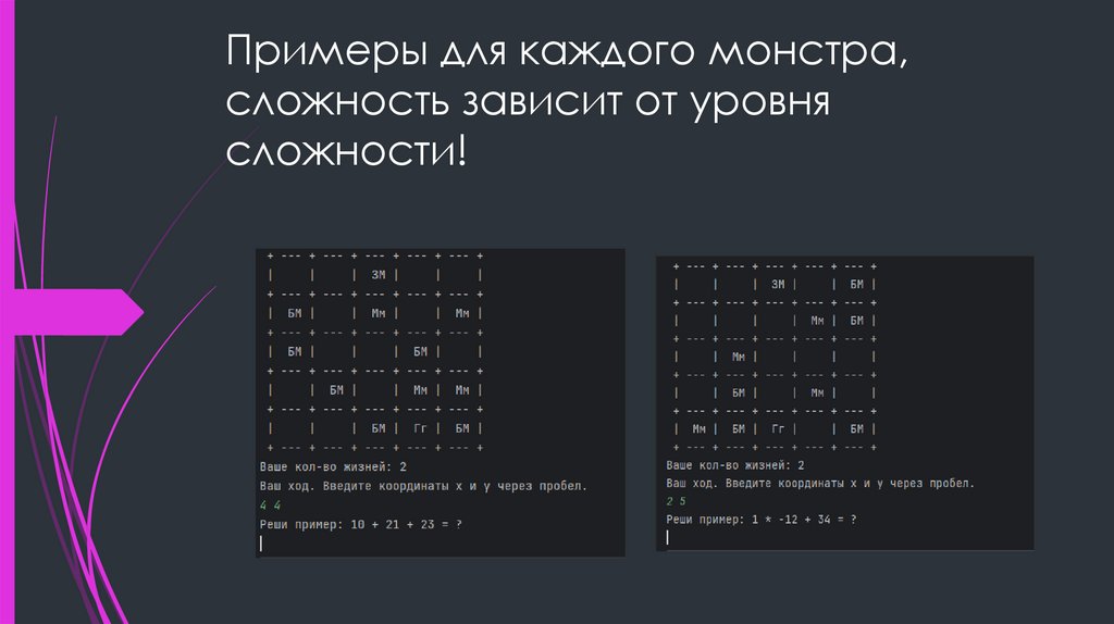 Примеры для каждого монстра, сложность зависит от уровня сложности!