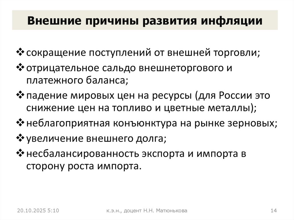 Внешние причины развития инфляции