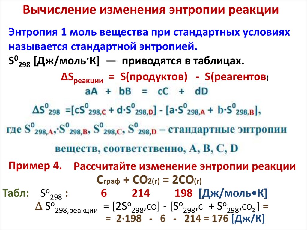 Вычисление изменения энтропии реакции