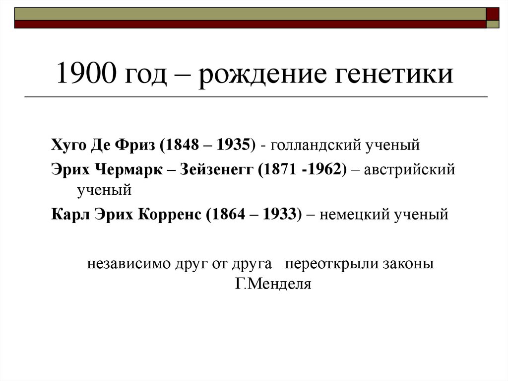 1900 год – рождение генетики
