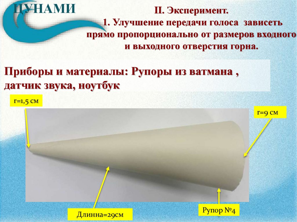 II. Эксперимент. 1. Улучшение передачи голоса зависеть прямо пропорционально от размеров входного и выходного отверстия горна.
