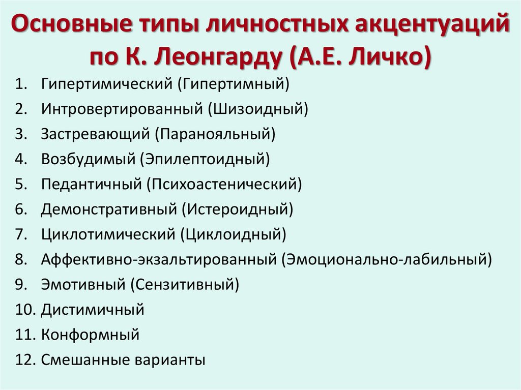 Основные типы личностных акцентуаций по К. Леонгарду (А.Е. Личко)