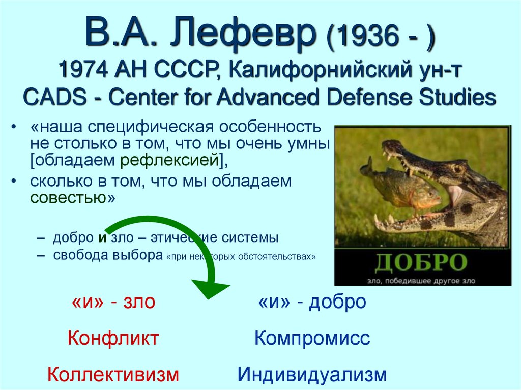 В.А. Лефевр (1936 - ) 1974 АН СССР, Калифорнийский ун-т CADS - Center for Advanced Defense Studies