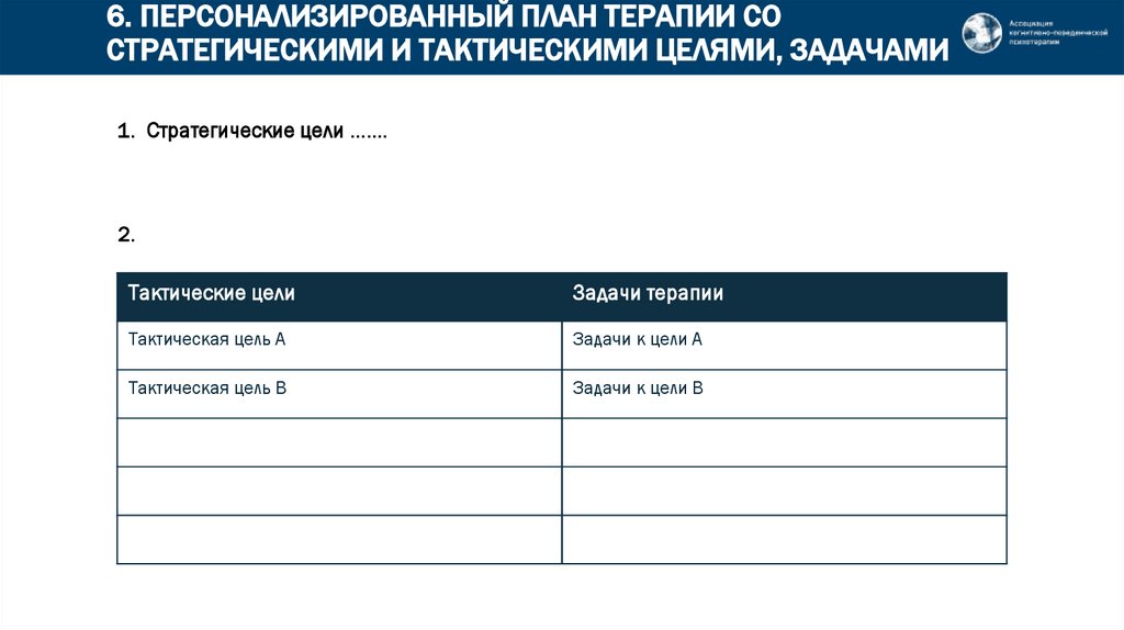 6. ПЕРСОНАЛИЗИРОВАННЫЙ ПЛАН ТЕРАПИИ СО СТРАТЕГИЧЕСКИМИ И ТАКТИЧЕСКИМИ ЦЕЛЯМИ, ЗАДАЧАМИ