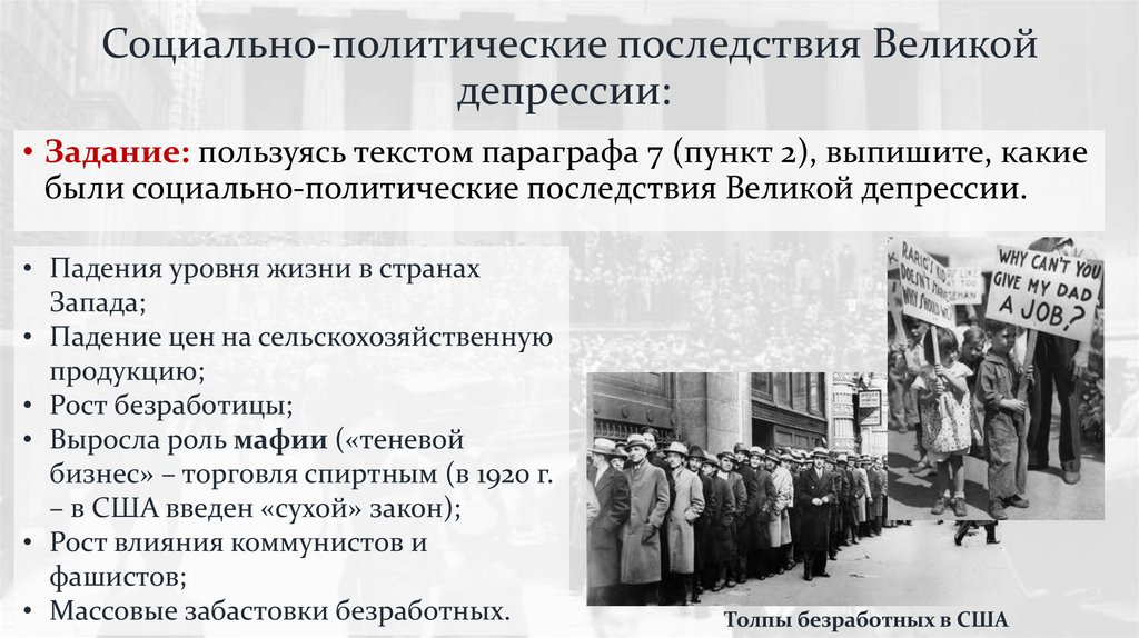 Социально-политические последствия Великой депрессии: 