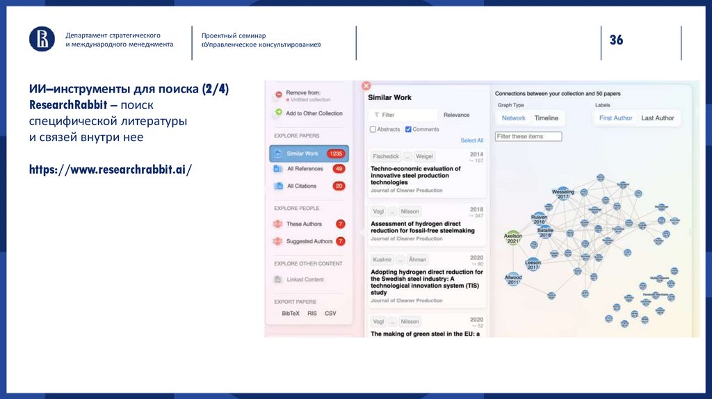 ИИ–инструменты для поиска (2/4) ResearchRabbit – поиск специфической литературы и связей внутри нее