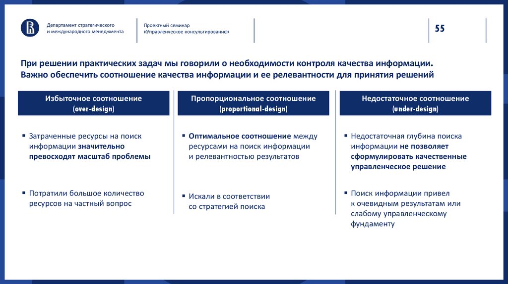 При решении практических задач мы говорили о необходимости контроля качества информации. Важно обеспечить соотношение качества