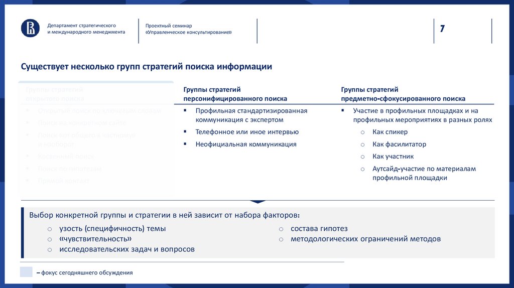 Существует несколько групп стратегий поиска информации