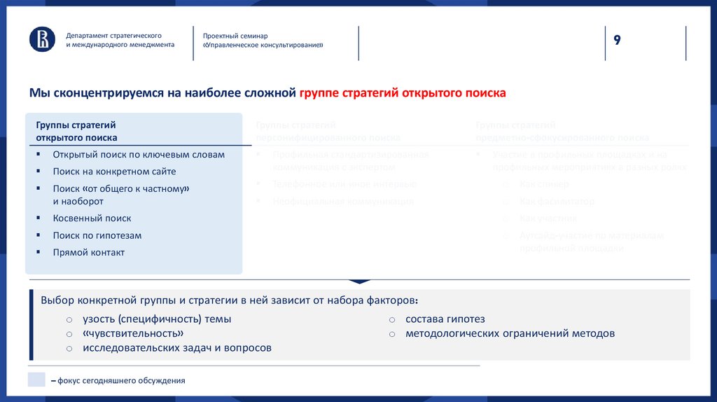 Мы сконцентрируемся на наиболее сложной группе стратегий открытого поиска