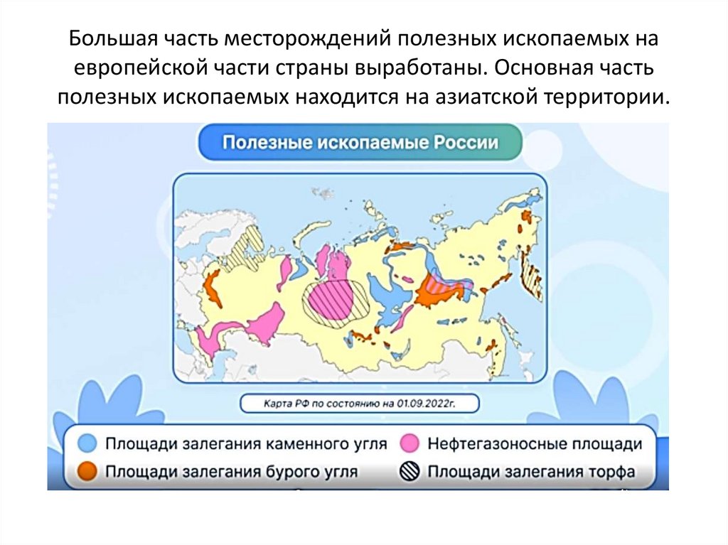 Большая часть месторождений полезных ископаемых на европейской части страны выработаны. Основная часть полезных ископаемых