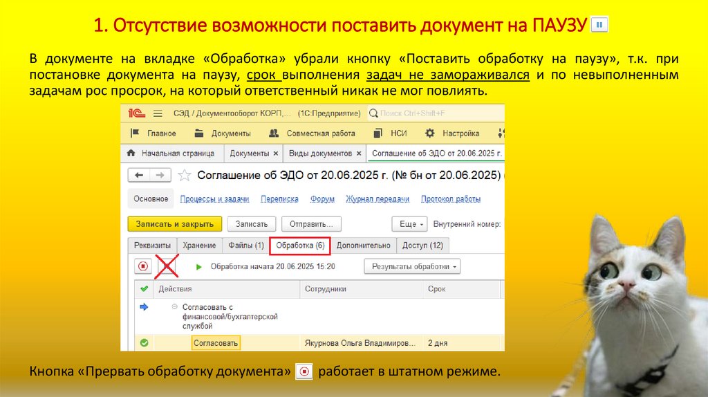 1. Отсутствие возможности поставить документ на ПАУЗУ
