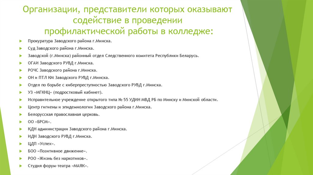 Организации, представители которых оказывают содействие в проведении профилактической работы в колледже: