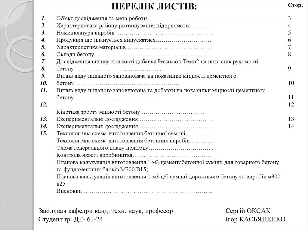 ПЕРЕЛІК ЛИСТІВ: