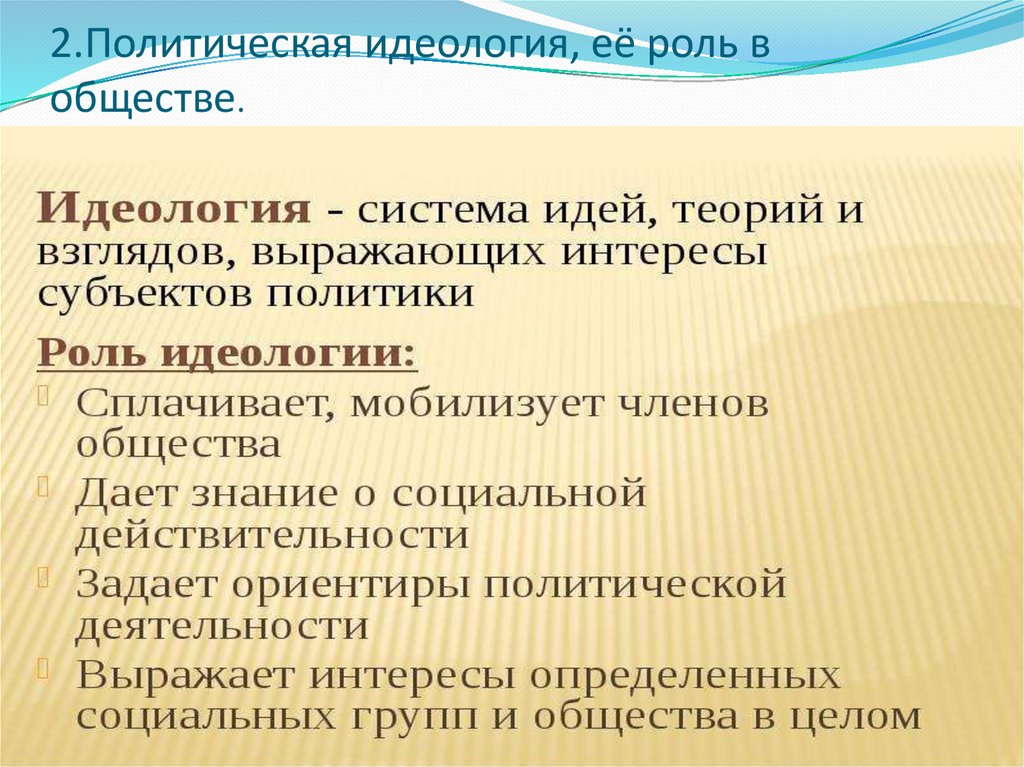 2.Политическая идеология, её роль в обществе.
