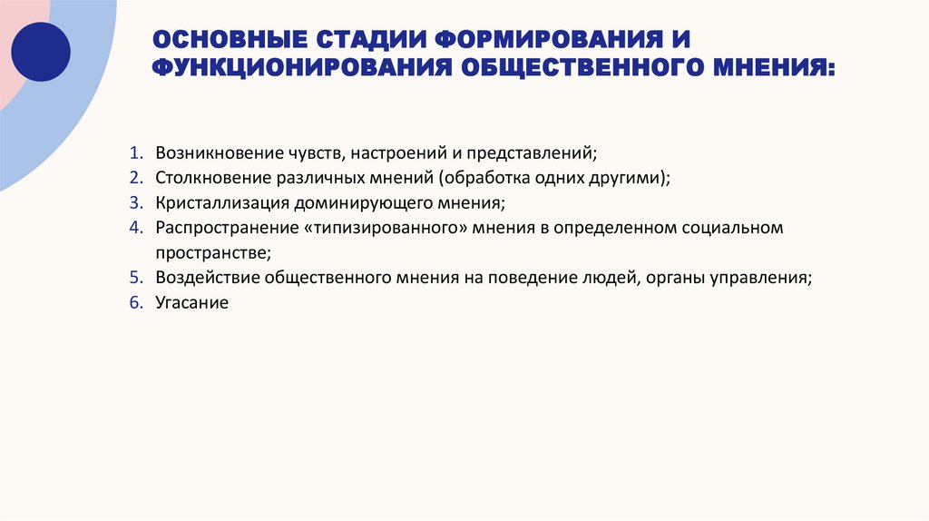 основные стадии формирования и функционирования общественного мнения: