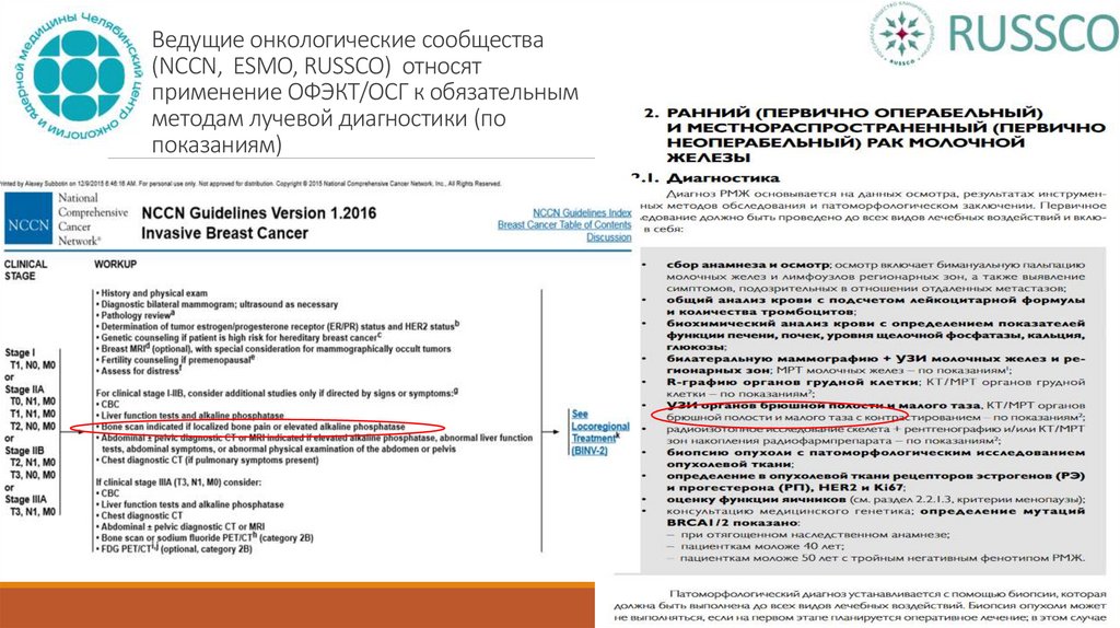 Ведущие онкологические сообщества (NCCN, ESMO, RUSSCO) относят применение ОФЭКТ/ОСГ к обязательным методам лучевой диагностики
