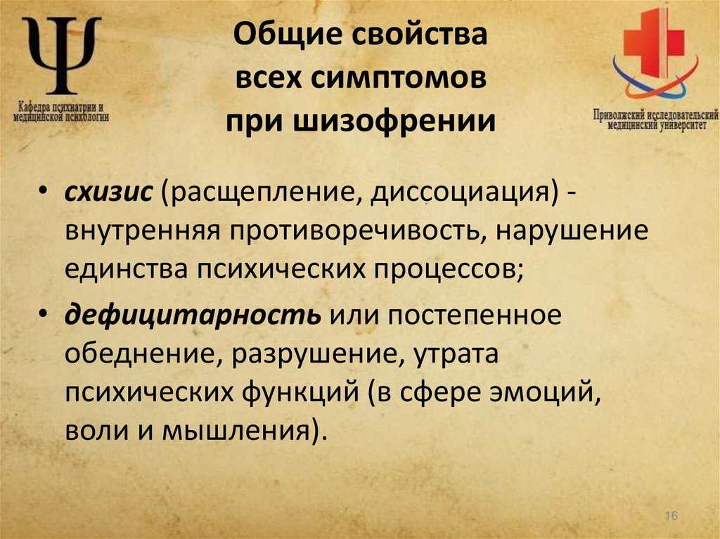 Общие свойства всех симптомов при шизофрении