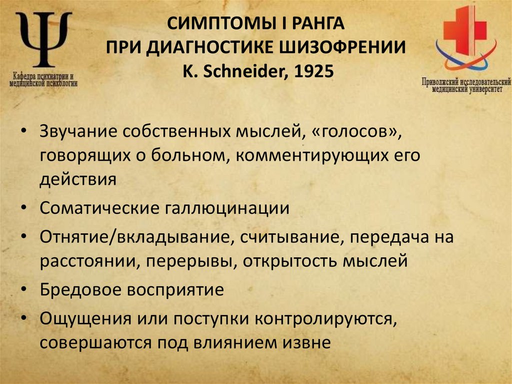 СИМПТОМЫ I РАНГА ПРИ ДИАГНОСТИКЕ ШИЗОФРЕНИИ K. Schneider, 1925