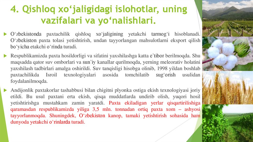 4. Qishloq xo‘jaligidagi islohotlar, uning vazifalari va yo‘nalishlari.