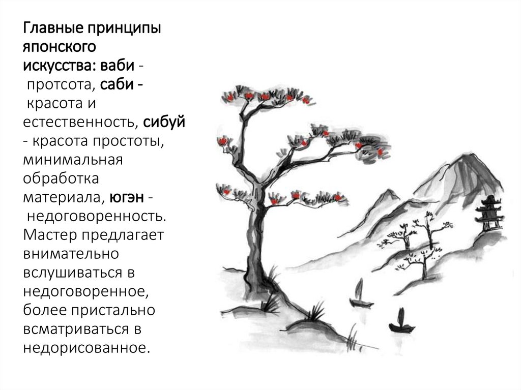 Главные принципы японского искусства: ваби - протсота, саби - красота и естественность, сибуй - красота простоты, минимальная