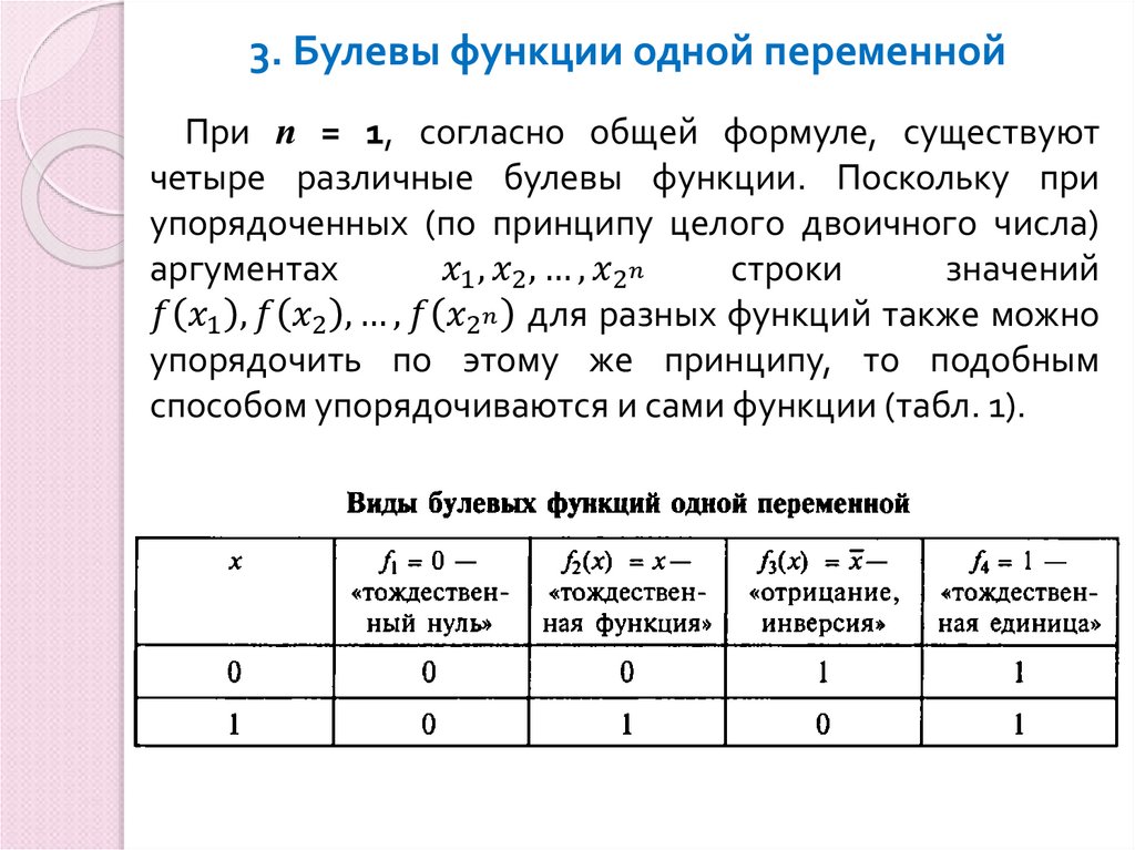 3. Булевы функции одной переменной