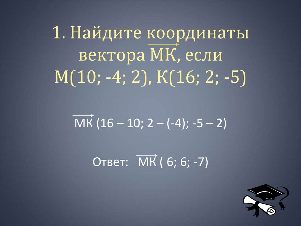 1. Найдите координаты вектора МК, если М(10; -4; 2), К(16; 2; -5)