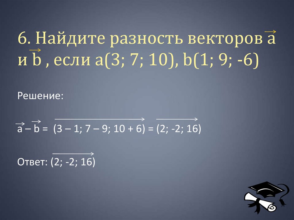 6. Найдите разность векторов а и b , если a(3; 7; 10), b(1; 9; -6)