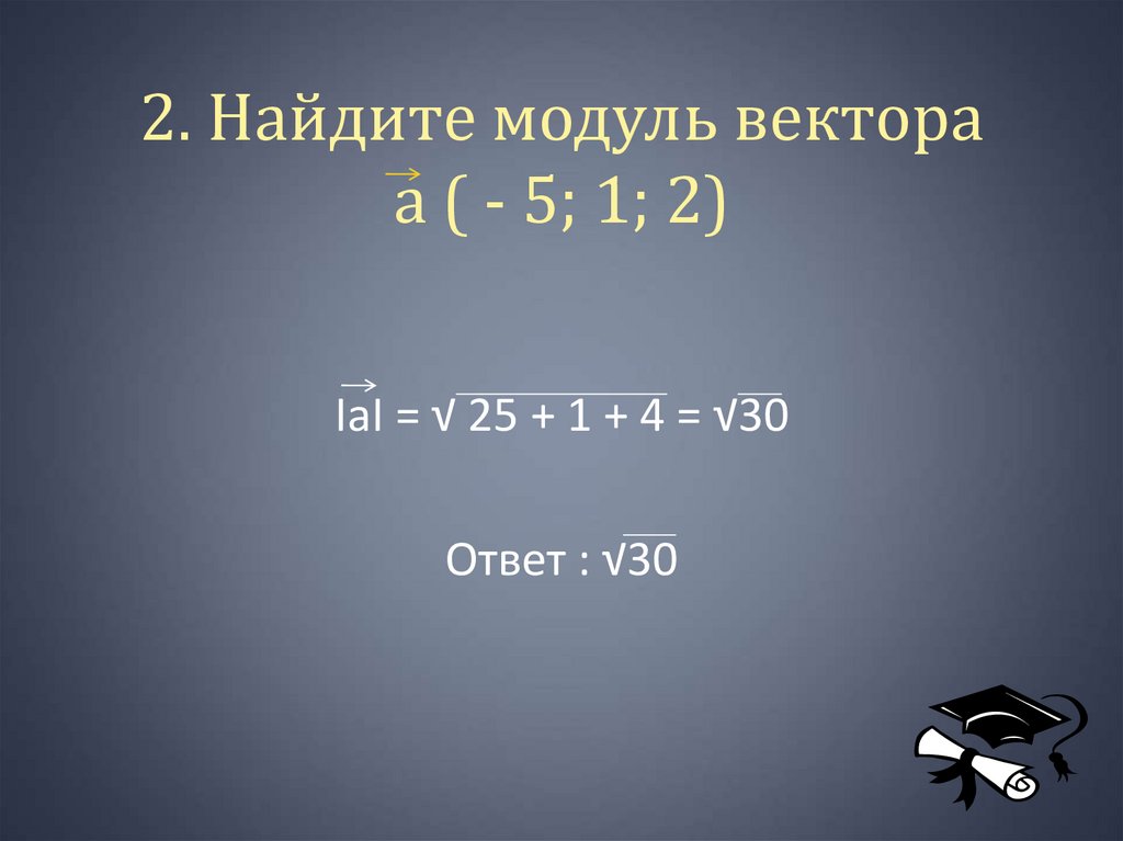 2. Найдите модуль вектора а ( - 5; 1; 2)