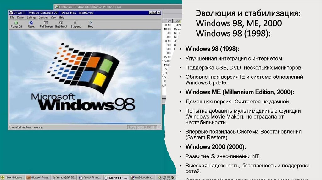 Эволюция и стабилизация: Windows 98, ME, 2000 Windows 98 (1998):