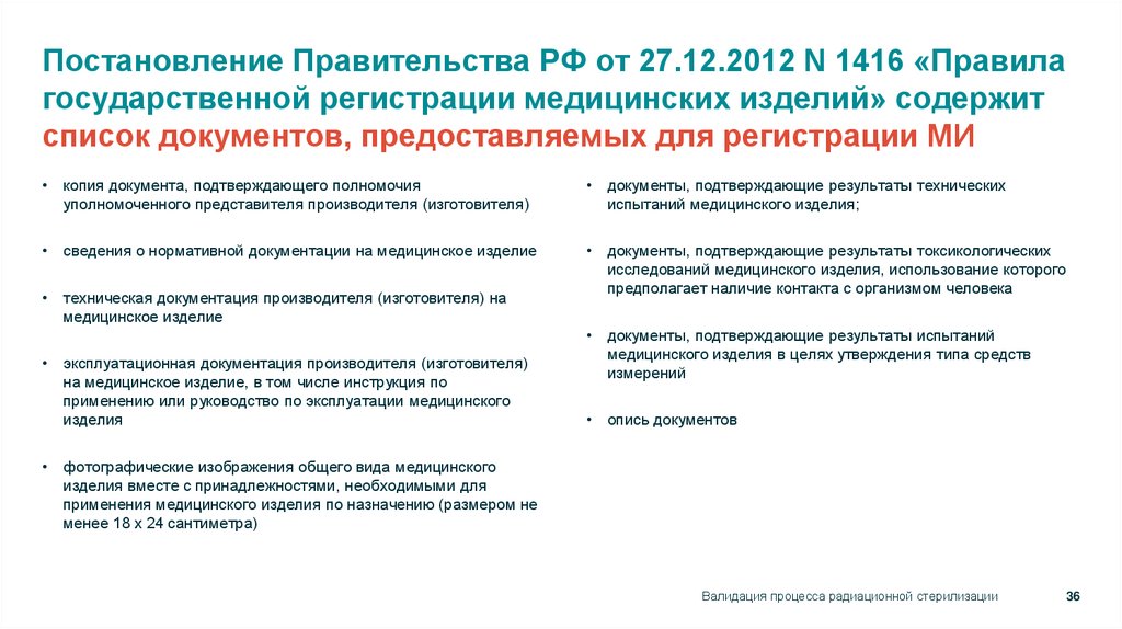 Постановление Правительства РФ от 27.12.2012 N 1416 «Правила государственной регистрации медицинских изделий» содержит список
