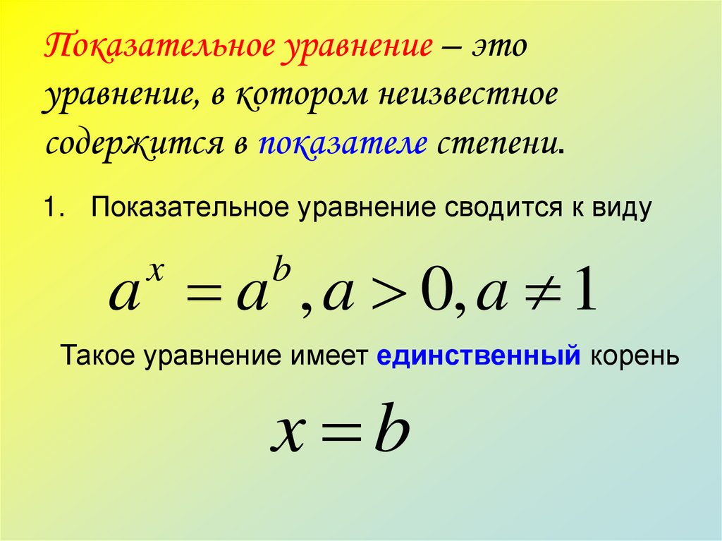 Показательное уравнение – это уравнение, в котором неизвестное содержится в показателе степени.