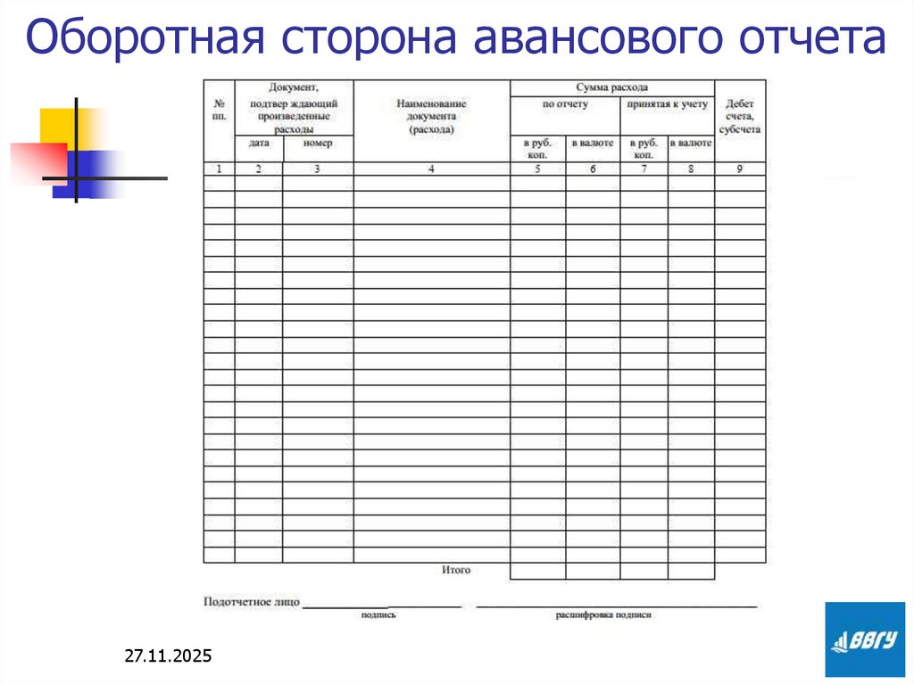 Оборотная сторона авансового отчета