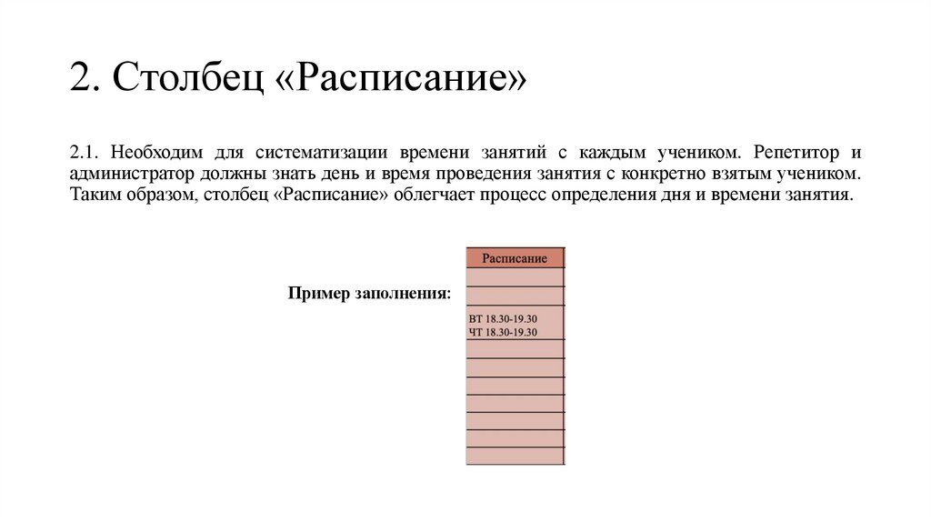 2. Столбец «Расписание»