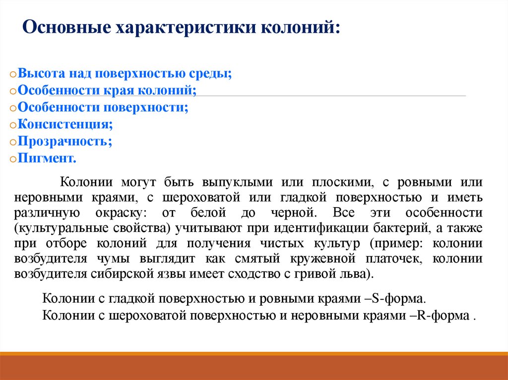 Основные характеристики колоний:
