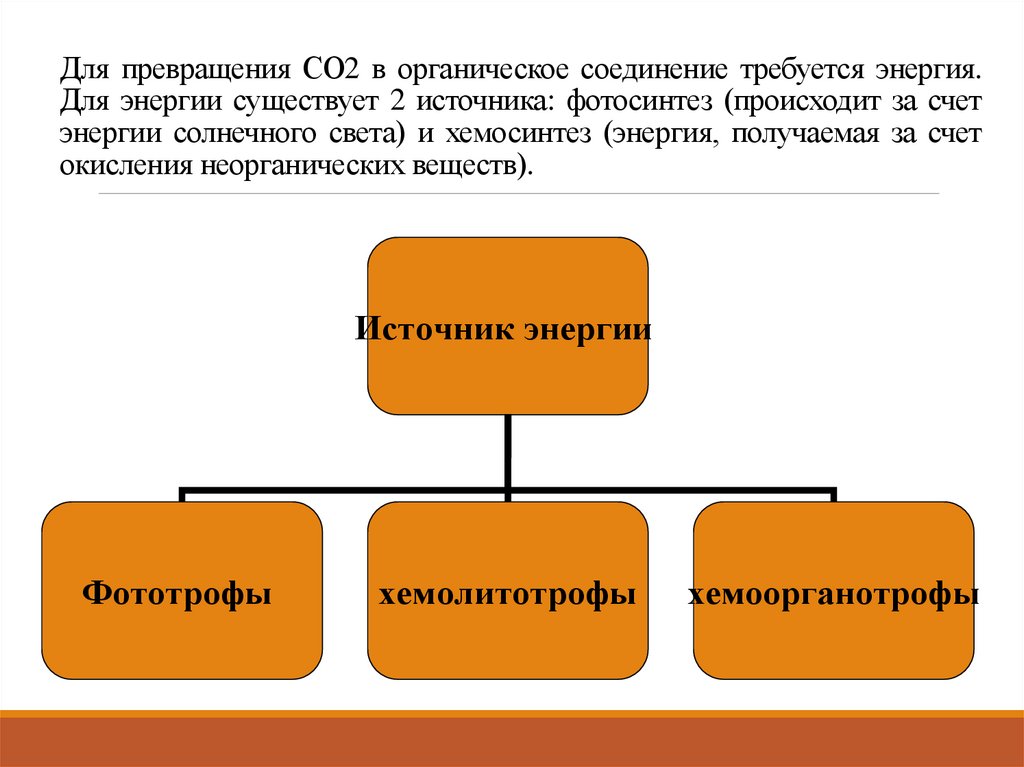 Для превращения СО2 в органическое соединение требуется энергия. Для энергии существует 2 источника: фотосинтез (происходит за