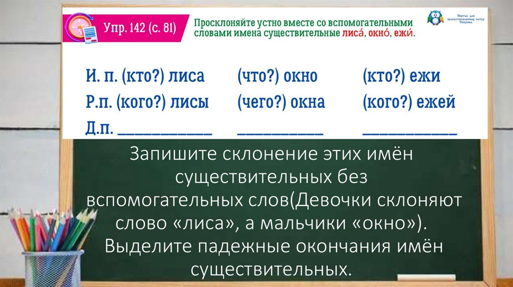 Запишите склонение этих имён существительных без вспомогательных слов(Девочки склоняют слово «лиса», а мальчики «окно»).