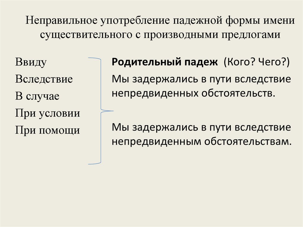 Неправильное употребление падежной формы имени существительного с производными предлогами