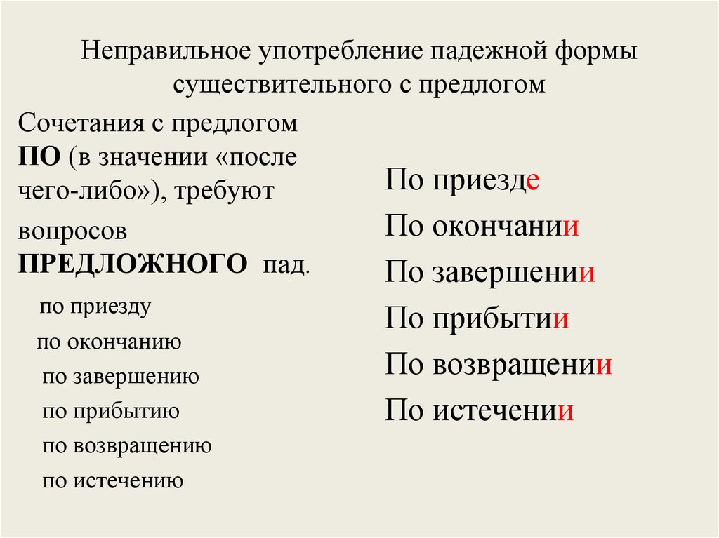 Неправильное употребление падежной формы существительного с предлогом