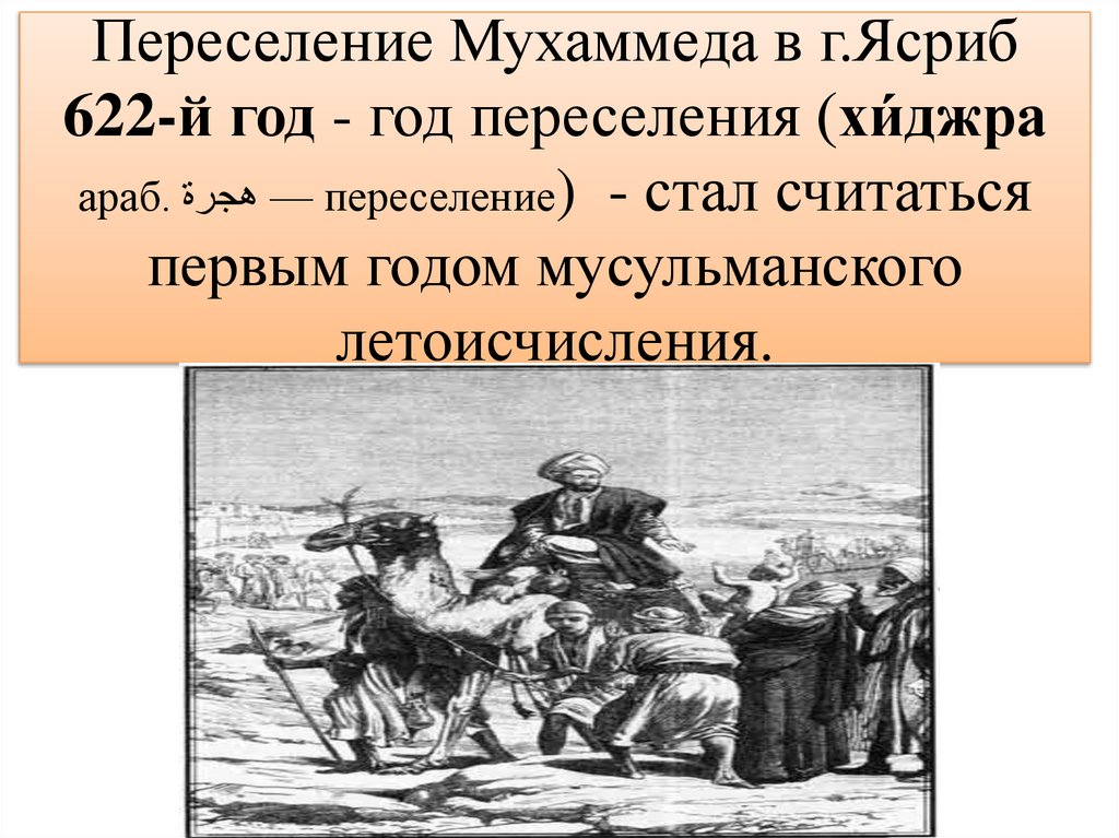 Переселение Мухаммеда в г.Ясриб 622-й год - год переселения (хи́джра араб. هجرة‎ — переселение‎) - стал считаться первым годом