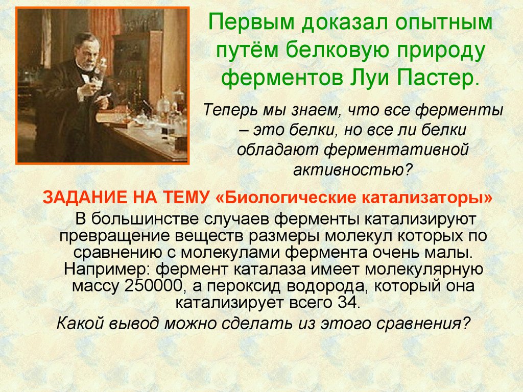 Первым доказал опытным путём белковую природу ферментов Луи Пастер.