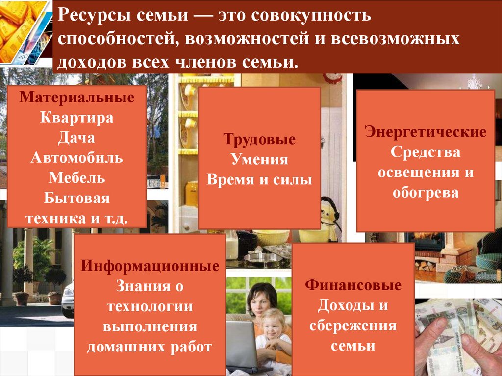 Ресурсы семьи — это совокупность способностей, возможностей и всевозможных доходов всех членов семьи. 