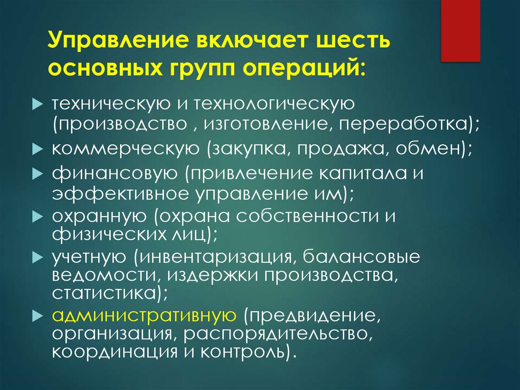Управление включает шесть основных групп операций: