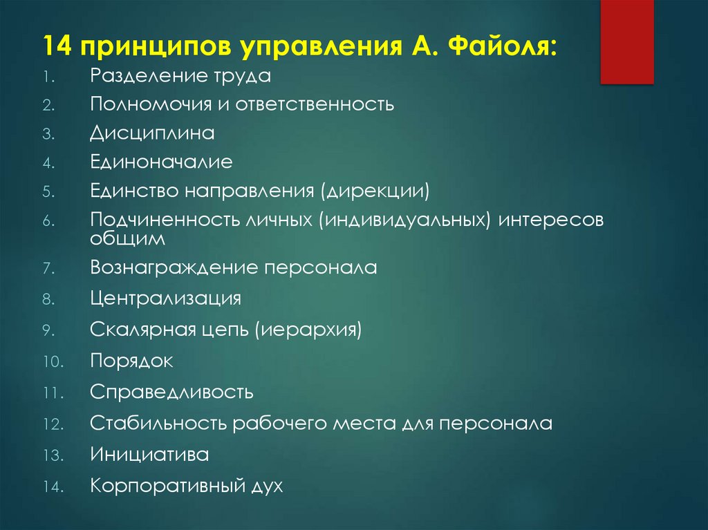 14 принципов управления А. Файоля: