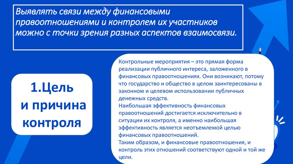 Выявлять связи между финансовыми правоотношениями и контролем их участников можно с точки зрения разных аспектов взаимосвязи.