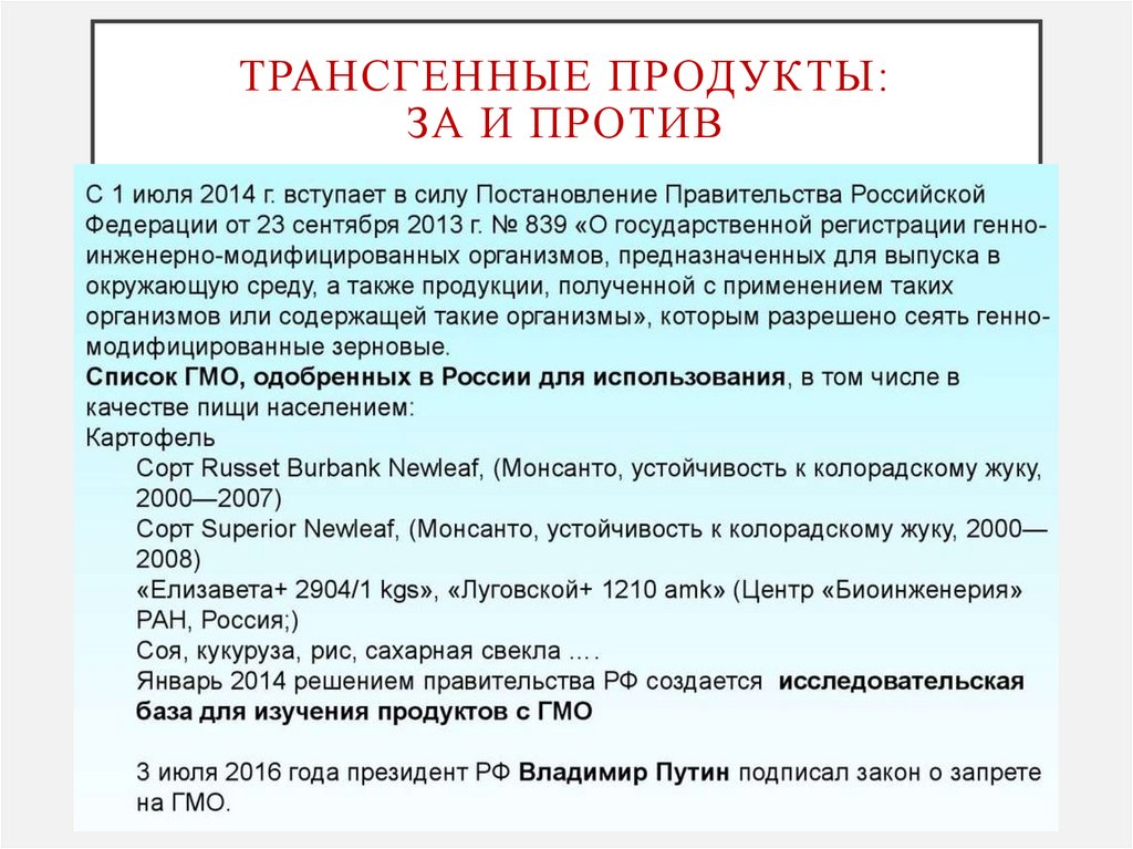 Трансгенные продукты: за и против