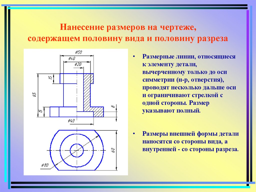 Нанесение размеров на чертеже, содержащем половину вида и половину разреза