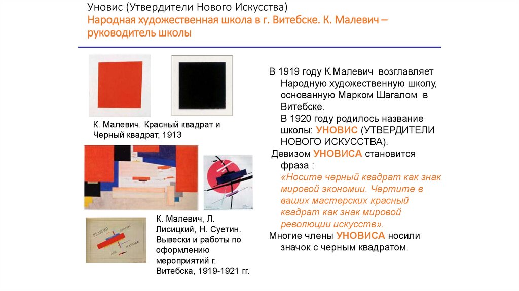 Уновис (Утвердители Нового Искусства) Народная художественная школа в г. Витебске. К. Малевич – руководитель школы